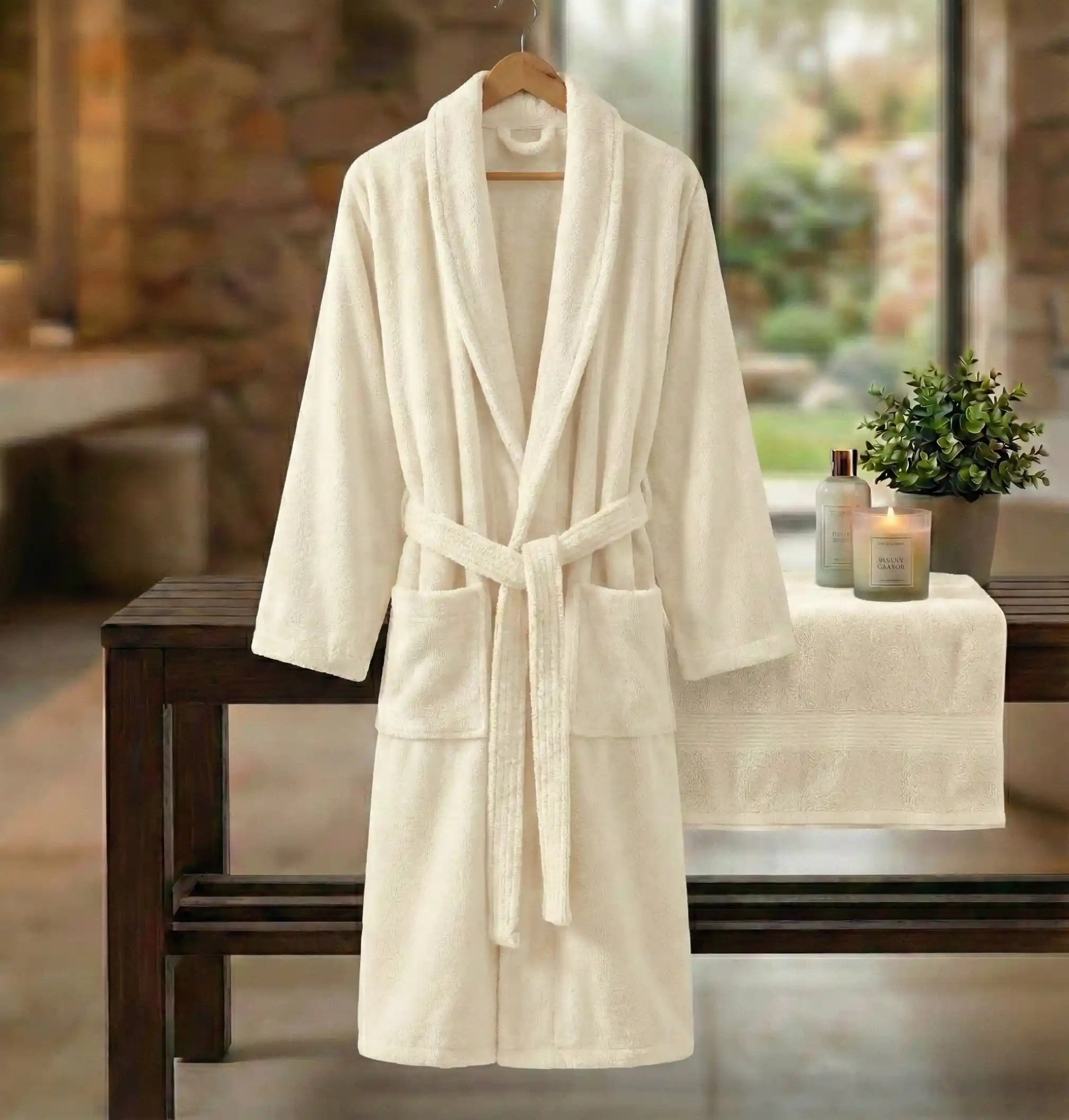 HALAT DE BAIE VELUR 100% BUMBAC (CREM)